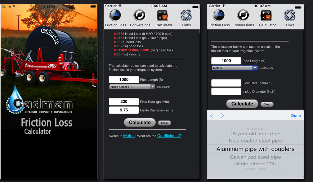 Friction Loss Calculator Screens